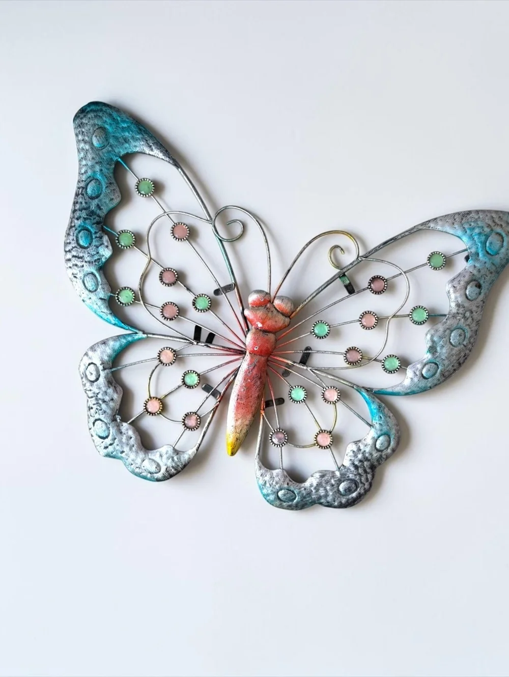 Large Metal Butterfly Wall Decor Turquoise Pink Jeweled Garden Art 30 Inch